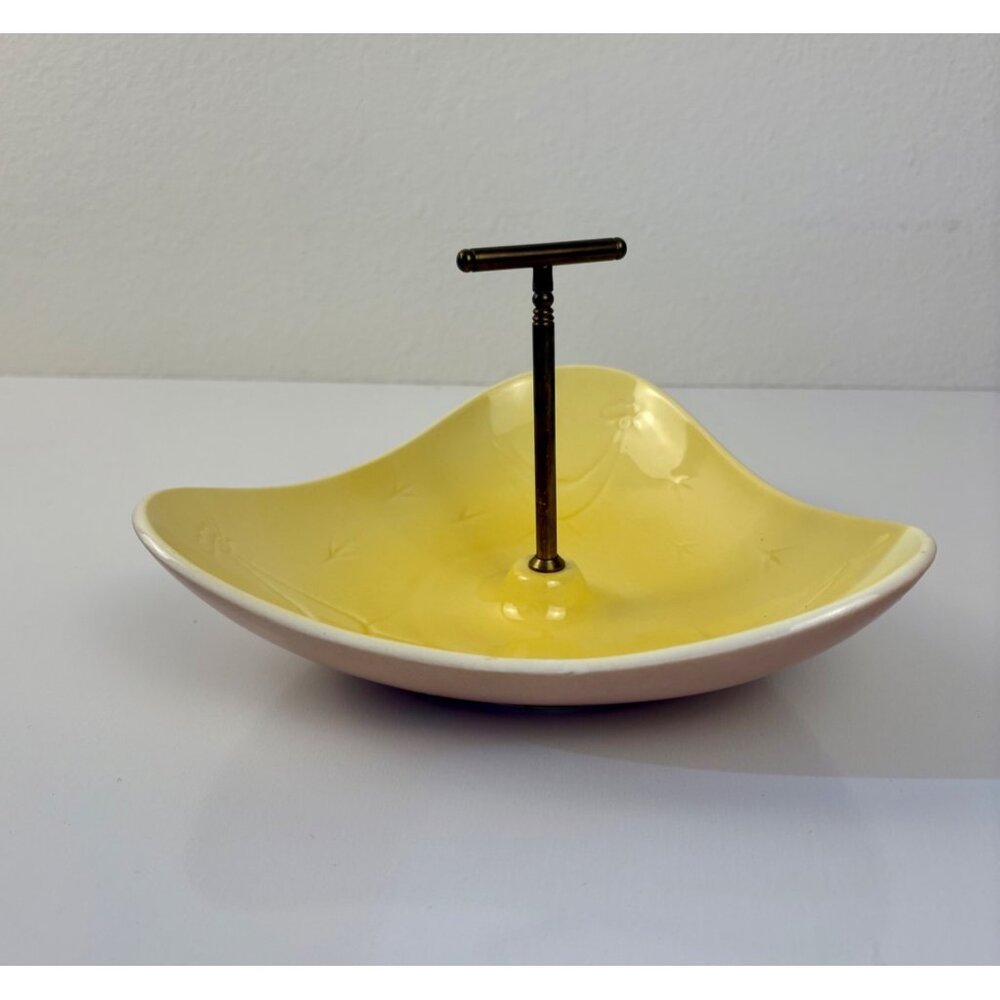 MCM Yellow Pink‎ Pottery Tidbit Trinket Tray Embossed Chicken Bird Snack Jewelry